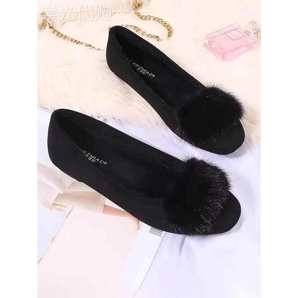 香港真皮水貂毛豆豆鞋女平底大码女鞋单鞋秋冬外穿加绒黑色毛毛鞋