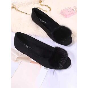 香港真皮水貂毛豆豆鞋女平底大码女鞋单鞋秋冬外穿加绒黑色毛毛鞋