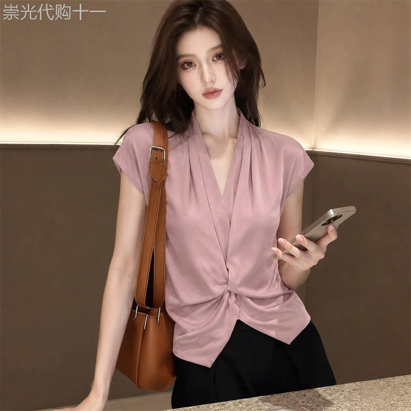 法式甜美慵懒风优雅短袖女薄款气质上衣夏季扭结收腰衬衫时尚衬衫
