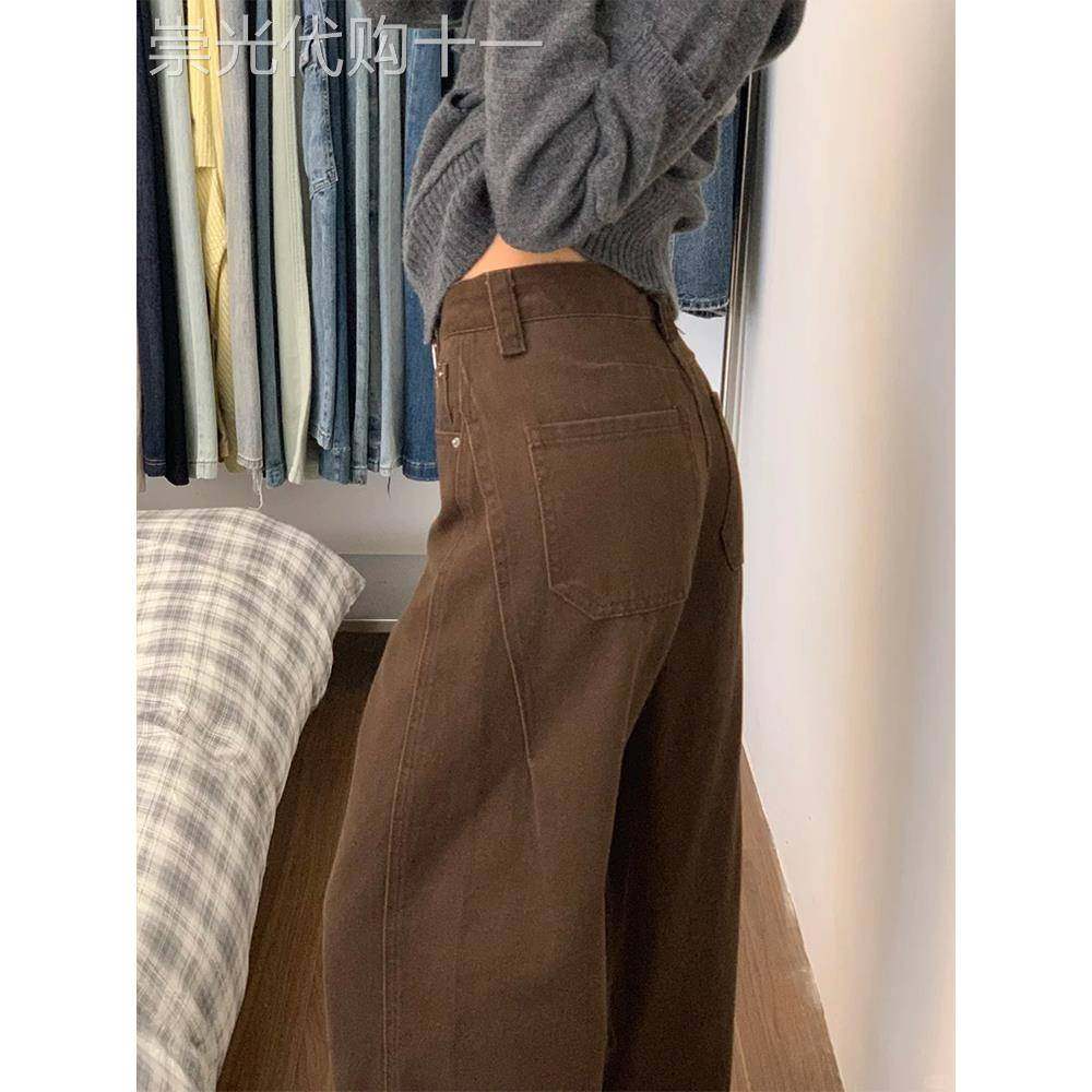 棕色弯刀牛仔裤女秋季时尚覆古小个子宽松梨型身材高腰直筒阔腿裤