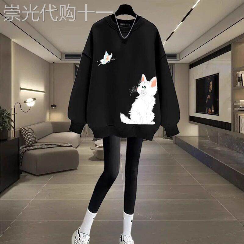 圆领卫衣女秋冬加绒2025新款宽松大码慵懒时尚洋气小个子外套上衣