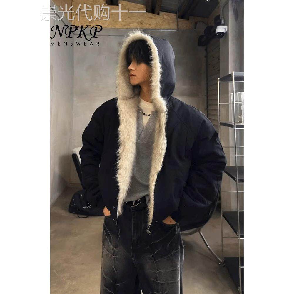 毛领连帽外套男款冬季新款加厚保暖座山雕棉衣夹克美式工装棉服男