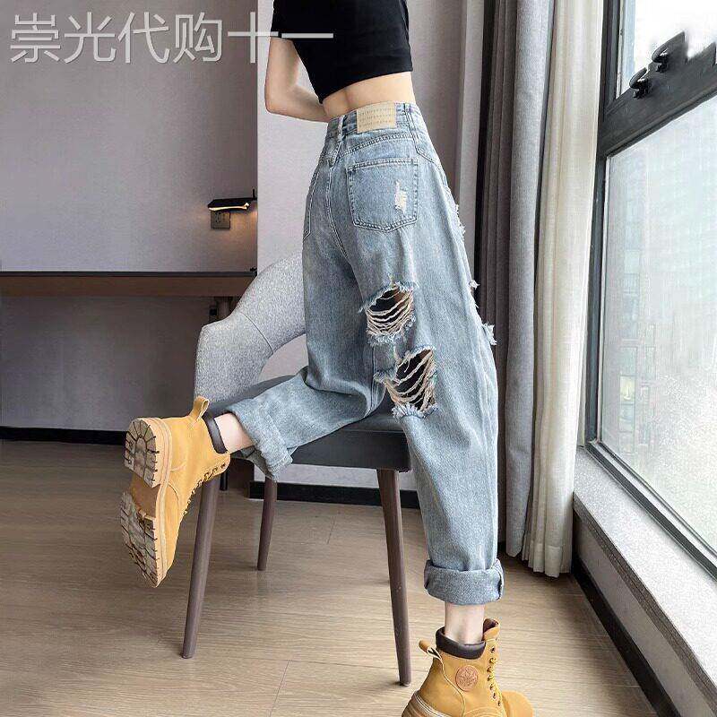 2025夏季高腰破洞牛仔裤女款设计感哈伦裤 潮牌拉链贴布长裤浅蓝