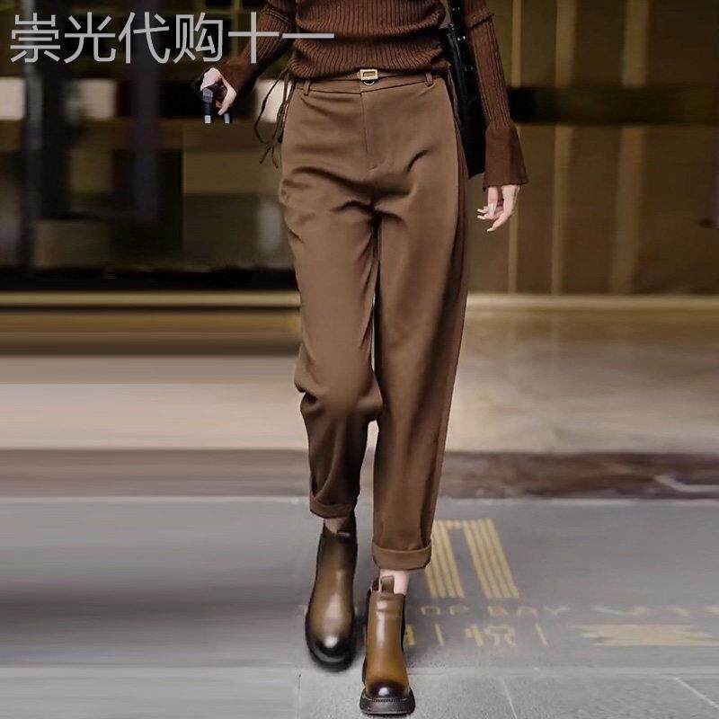咖色九分毛呢裤女秋冬高腰哈伦裤子2025年新款休闲西装烟管裤子潮