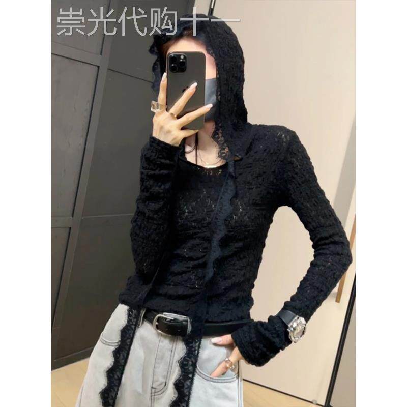 气质钩花泡泡针织蕾丝帽衫女士春秋2025欧货新款修身显瘦减龄上衣