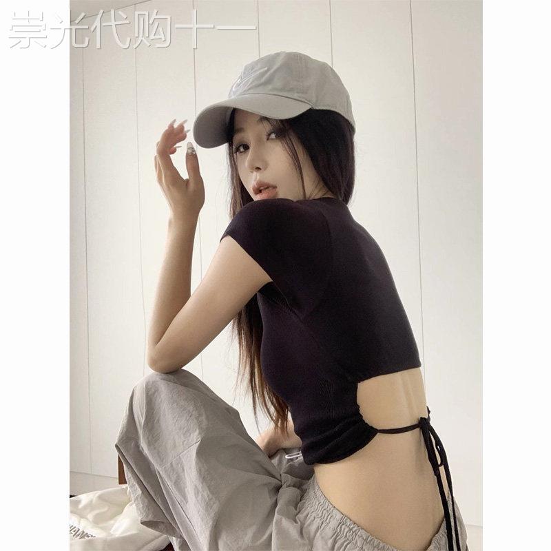 黑色正肩短袖t恤女夏季辣妹紧身性感后背绑带设计感小众短款上衣