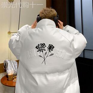 潮牌1515鳄鱼纹羽绒服棉服男冬季加厚立领PU皮面包服飞行员棉衣服