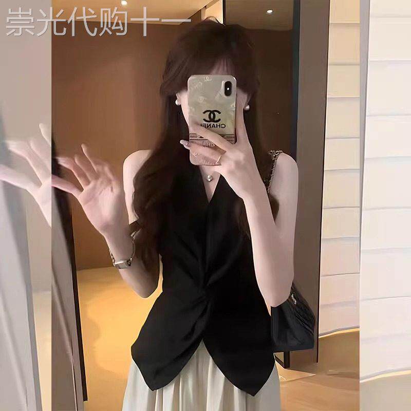 黑色扭结无袖背心衬衫女夏外穿高级感小众修身显瘦V领无袖上衣
