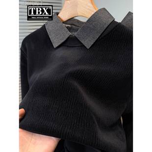 高端丝绒衬衫领假两件卫衣男士2025新款秋冬季加绒加厚打底衫男款