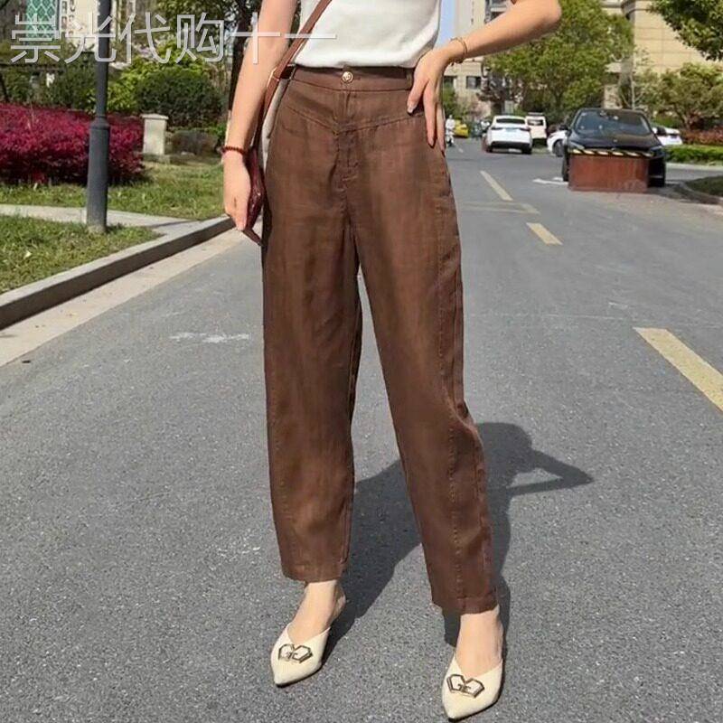 高腰棉麻哈伦裤女2026夏季新款复古宽松显瘦休闲九分亚麻直筒裤子