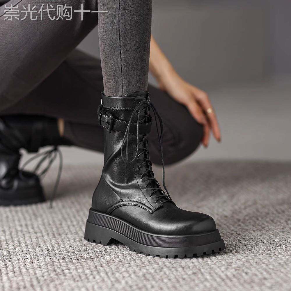 香港英伦风机车马丁靴女2025秋冬新款厚底中筒靴增高系带真皮短靴