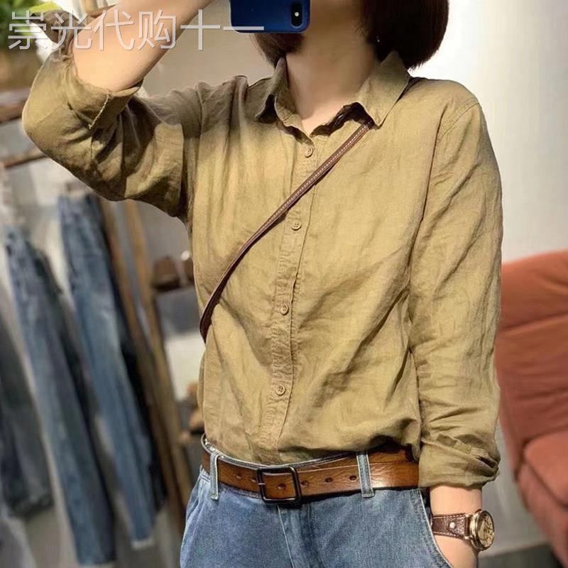棉麻长袖衬衫女新款夏法式复古薄款纯色bf风休闲宽松显瘦亚麻衬衣