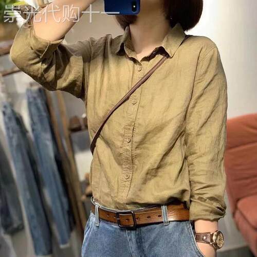 棉麻长袖衬衫女新款夏法式复古薄款纯色bf风休闲宽松显瘦亚麻衬衣
