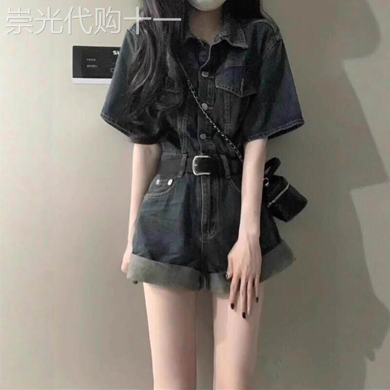 牛仔连身裤套装女夏季薄款2026新款韩版洋派收腰显瘦连衣阔腿短裤