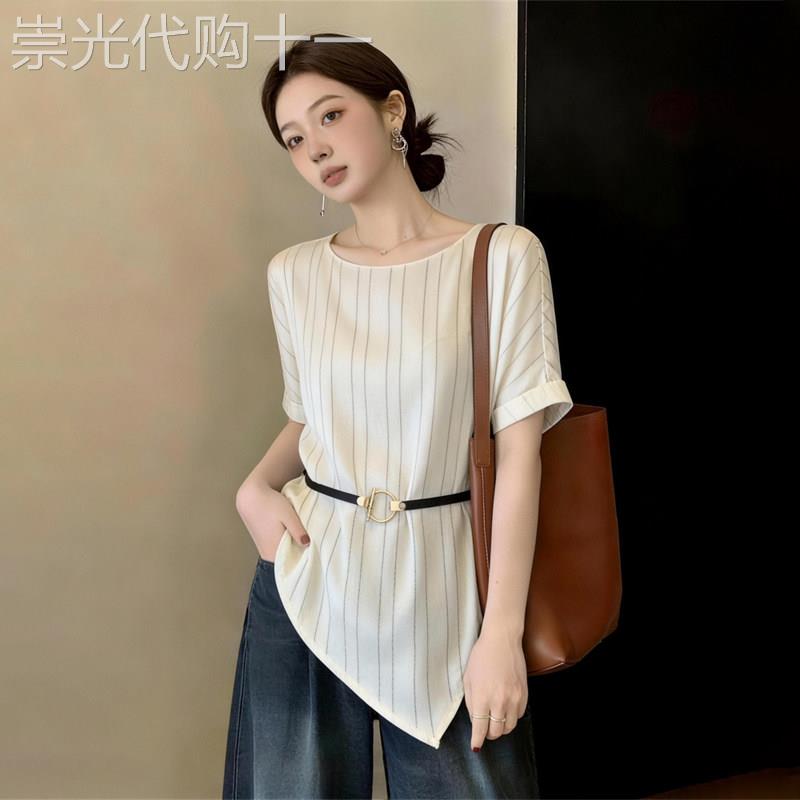 潮牌法式高级条纹系带缎面衬衫女夏季大尺码胖妹妹气质显瘦百搭上