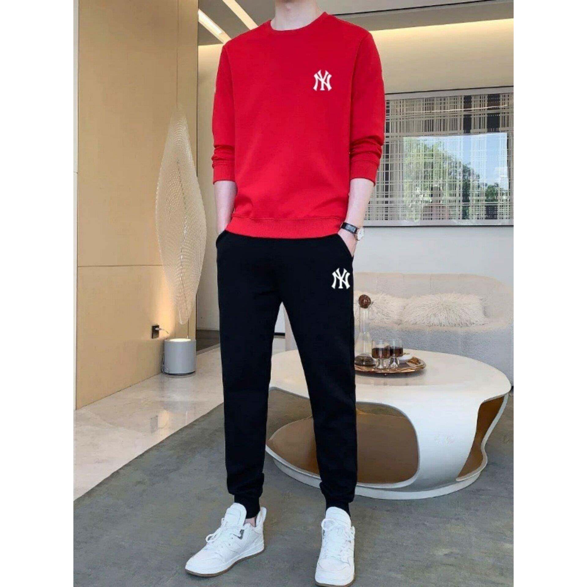 休闲运动服套装男春秋圆领印花大码男士穿搭一整套纯棉卫衣卫裤潮