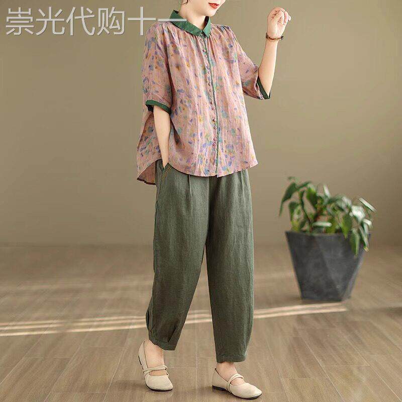 潮牌中年妈妈棉麻苎麻套装女士夏季韩版大码复古民族风衬衫两件套