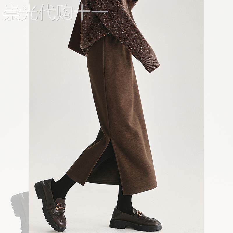 别致毛呢侧开叉半身裙洋气秋冬新款女装咖色直筒裙百搭独特一步裙