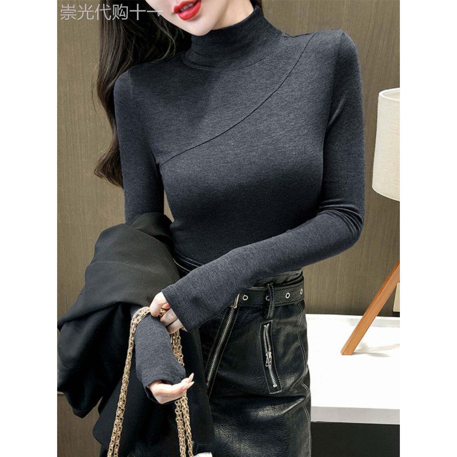 灰色半高领打底女秋冬内搭修身显瘦加绒加厚保暖长袖紧身t恤上衣