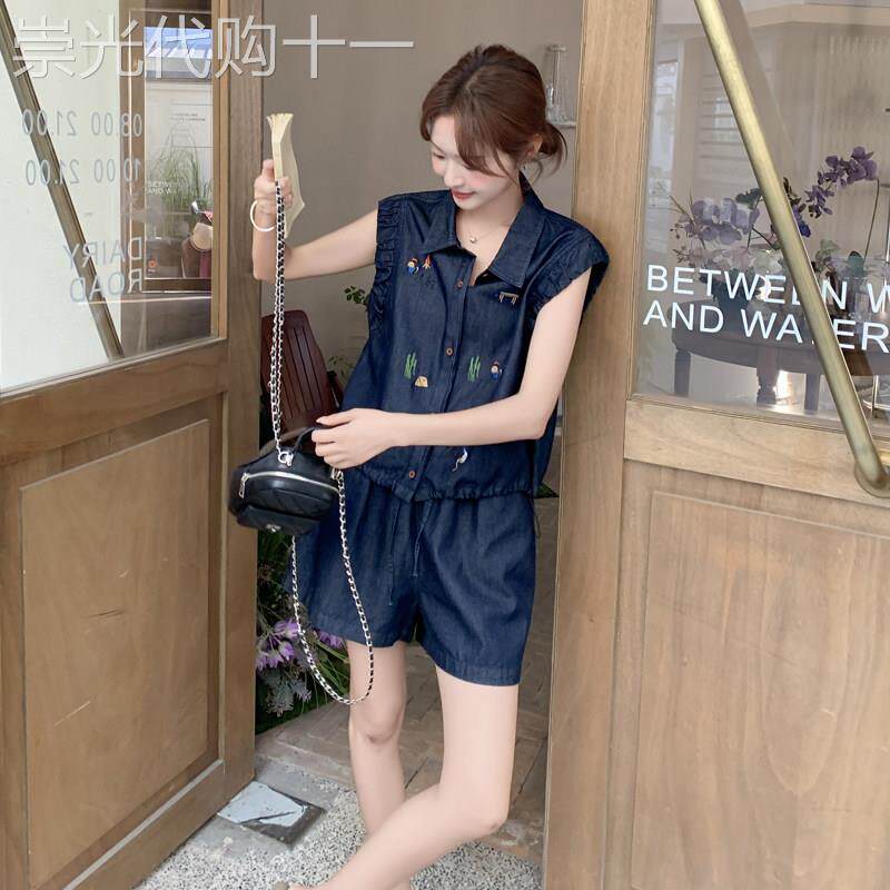 时尚设计感刺绣牛仔套装女2026夏季薄款无袖衬衫短裤休闲两件式