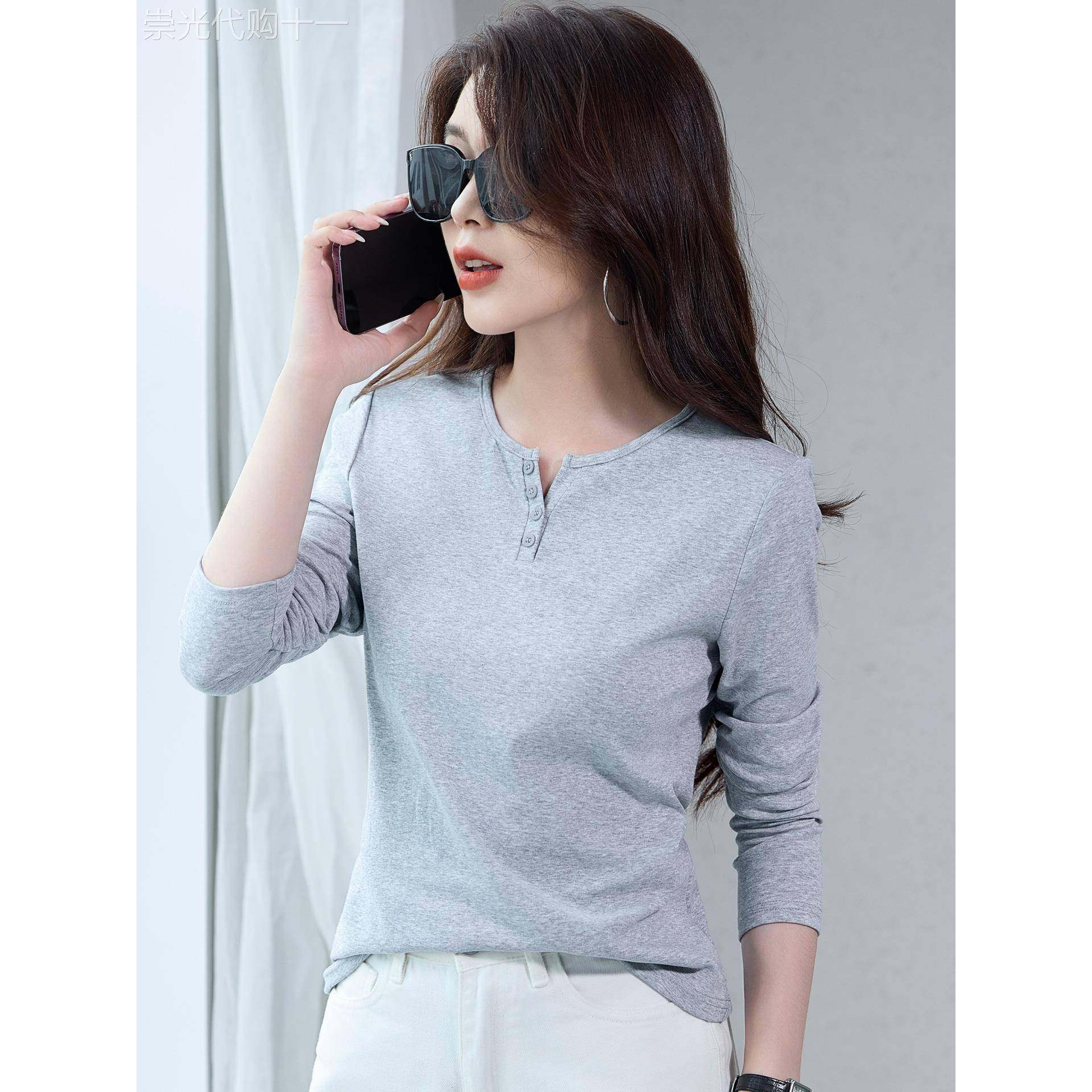 灰色V领纯棉正肩长袖t恤女春秋季打底衫美式宽松内搭遮肚体恤上衣