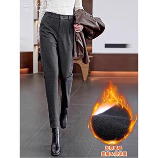 灰色毛呢西装裤女2025秋冬季窄版高腰显瘦小脚裤子加绒休闲烟管裤