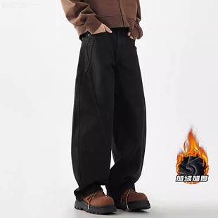 香港潮牌弯刀牛仔裤男美式高街阔腿镰刀裤秋冬加绒男士大码直筒裤