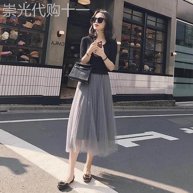 纱裙女夏季欧货小个子半身裙中长版高腰覆古百褶网纱裙a字长裙子