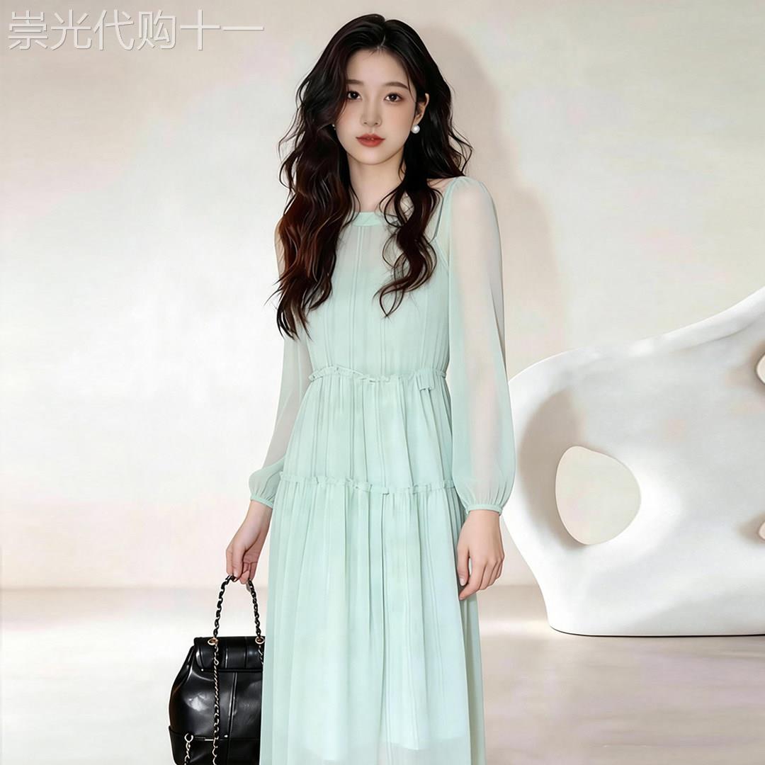 法式绿色雪纺长袖洋装女2026春季新款超好看独特漂亮收腰长裙子