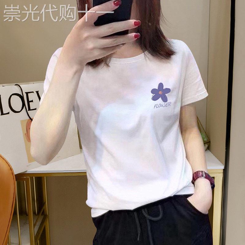 欧洲站纯棉t恤女夏季2026新款白色圆领印花短袖宽松显瘦正肩上衣