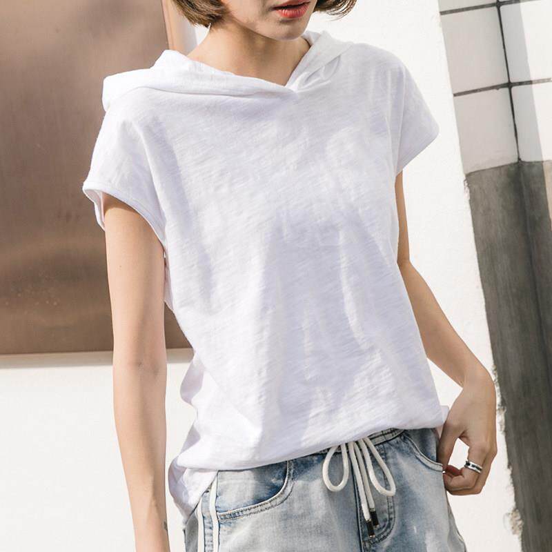 白色短袖t恤女夏季2026新款韩版宽松纯棉设计感休闲连帽上衣ins潮