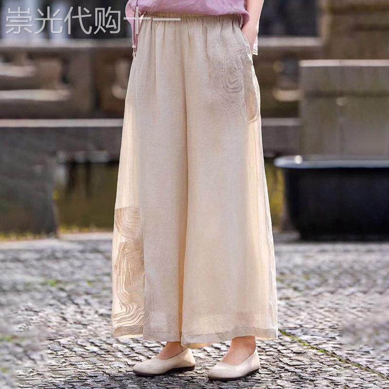 潮牌新中式国风绣花棉麻阔腿裤女2026夏季新款时尚气质亚麻裙裤子