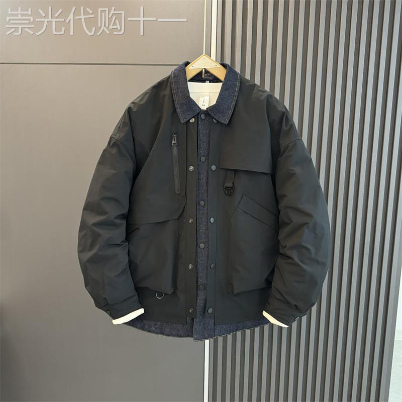 代购羽绒服假两件翻领夹克男士冬季宽松牛仔拼接青年休闲工装外套