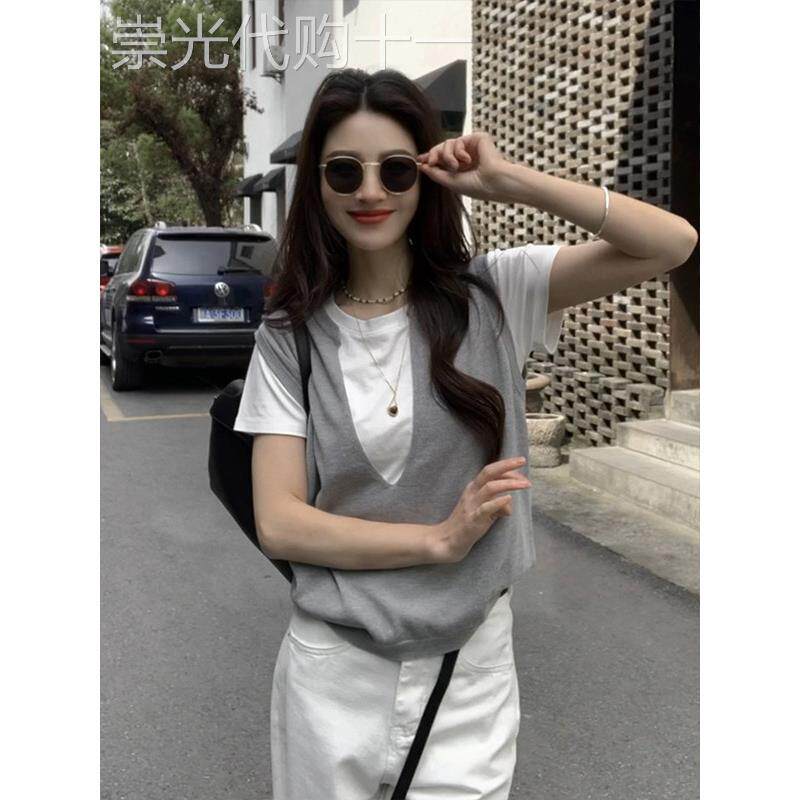 韩国设计感白色v领假两件短袖正肩t恤女夏季别致独特韩系短款上衣