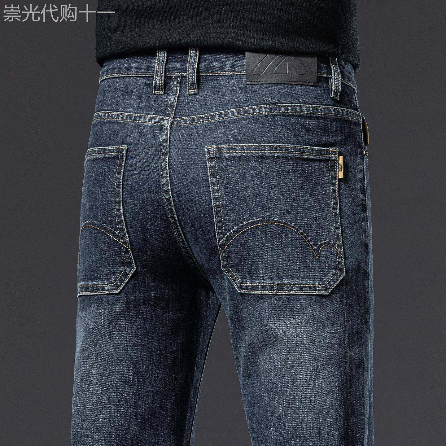 香港秋冬季加绒牛仔裤男修身直筒男裤弹力百搭中年加厚带绒长裤子