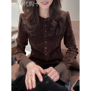 覆古高级感喇叭袖丝绒上衣女2025秋季新款洋气显瘦别致设计感长袖