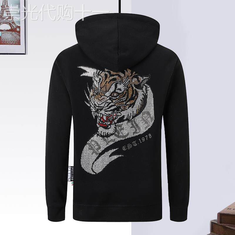 春秋潮牌新款连帽卫衣男老虎头字母烫钻骷髅头亮片外套帽衫上衣男
