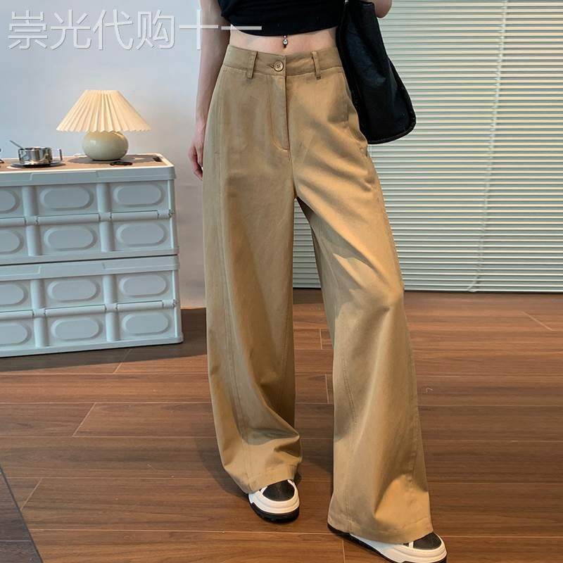 卡其色天丝阔腿西装裤女夏季薄款2025新款高腰显瘦加长休闲直筒裤