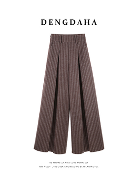DENGDAHA「自成焦点」复古风竖纹松紧腰休闲裤长裤高腰显瘦毛呢裤