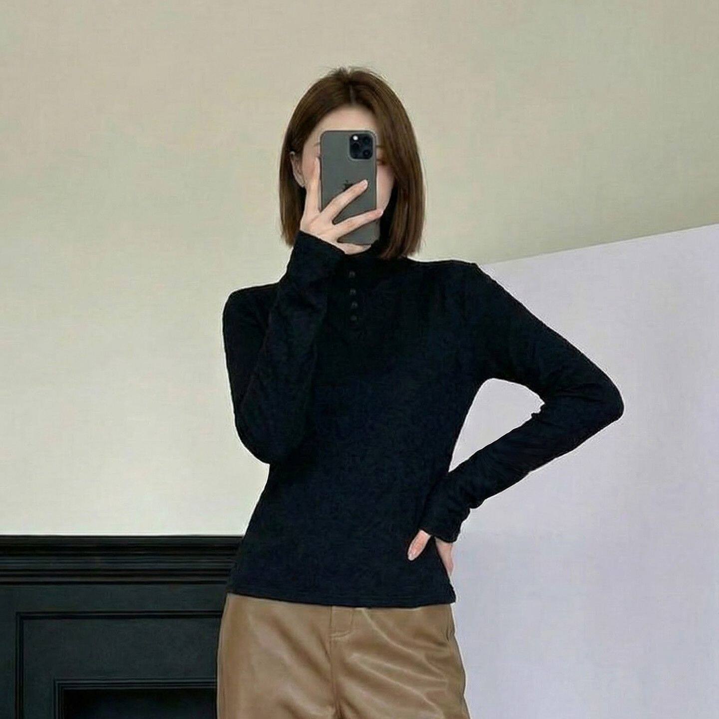 长袖新款高领纽扣修身T恤2025秋冬打底时尚上衣 nnassa
