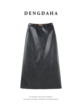 DENGDAHA「秀场裙」复古风金属扣高腰直筒皮质半身裙YHBZX710216