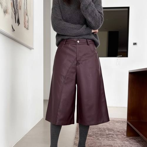 复古PU皮裤阔腿裤女款2025新款秋冬高腰七分八分直筒靴裤 nnassa