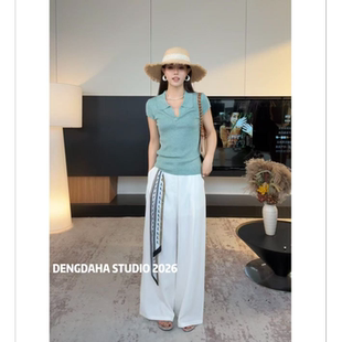 显瘦T恤HBZE918878 DENGDAHA「原生美人」休闲百搭POLO小V领修身