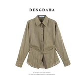 DENGDAHA「秋日余温」通勤风 翻领格纹显瘦衬衫 上衣HBZXP710080
