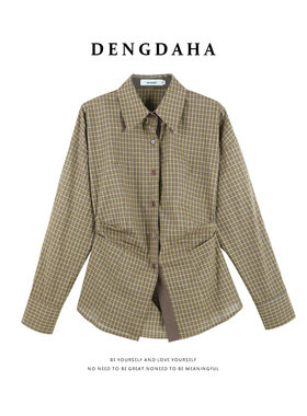 DENGDAHA「秋日余温」通勤风 翻领格纹显瘦衬衫上衣HBZXP710080