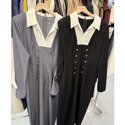 DENGDAHA「纵情都市」轻熟通勤风 拼色领修身连衣裙HBZXP720036