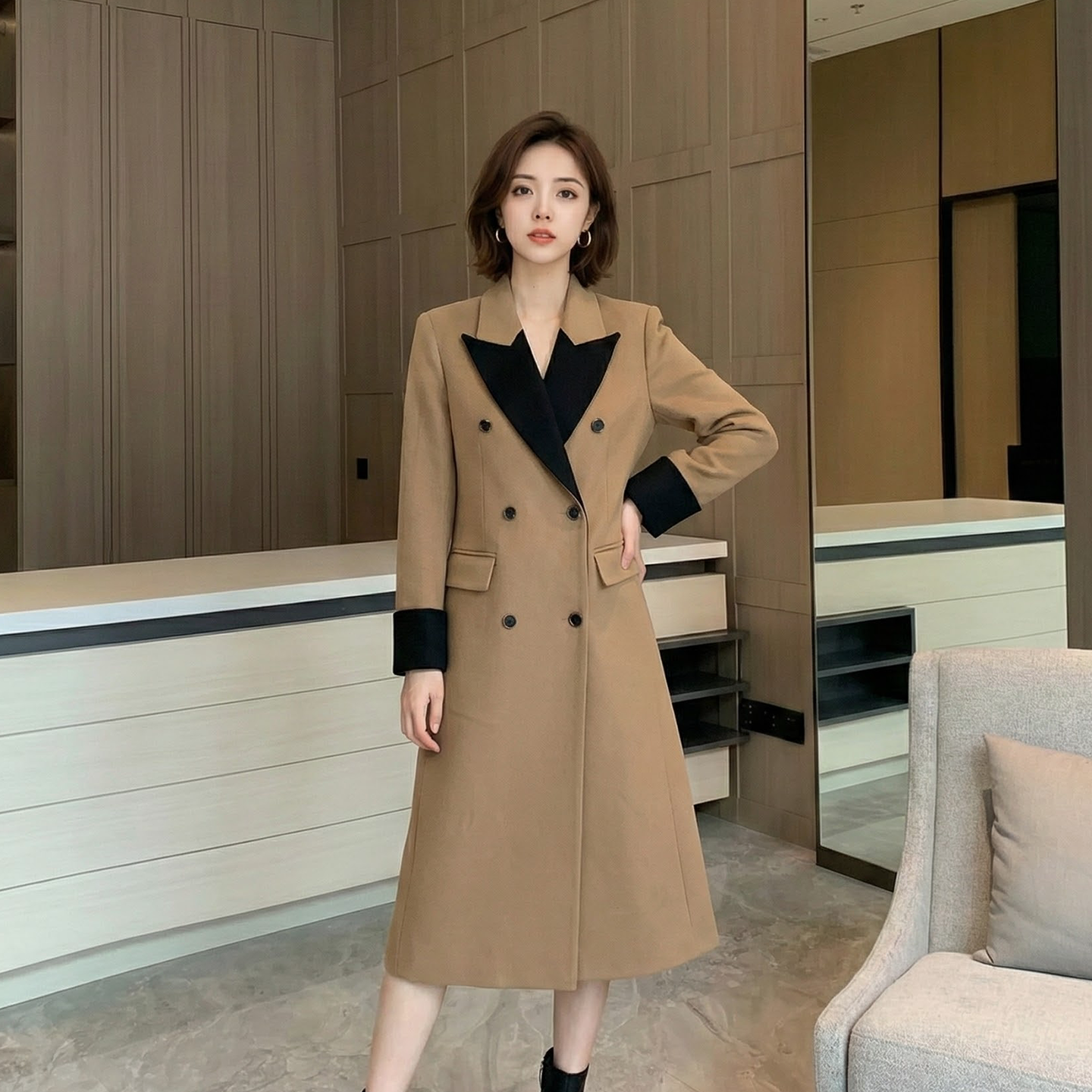 2026春季新款时尚复古摩登撞色翻领收腰剪裁长款风衣外套NNASSA,女装/女士精品,风衣,淘宝优惠券,粉丝福利购,淘宝优惠卷