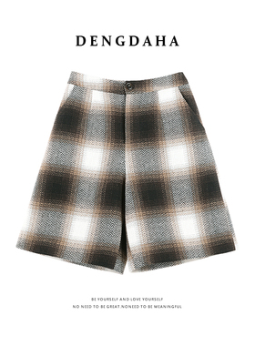DENGDAHA「引领风尚」复古风 渐变格纹高腰西装短裤HBZXP710131