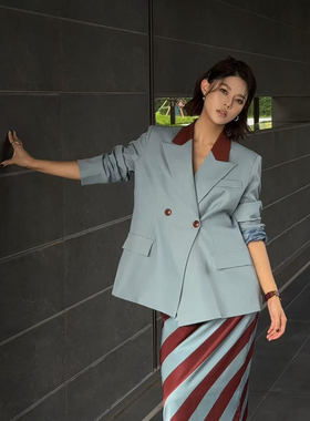 DENGDAHA「绅装时刻」长袖西服女秋气质轻职风时尚拼色领轻奢外套