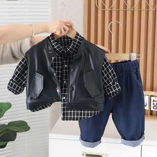 宝宝春秋季 男童秋装 衬衫 韩版 男孩衣服儿童皮衣酷帅洋气三件套 套装